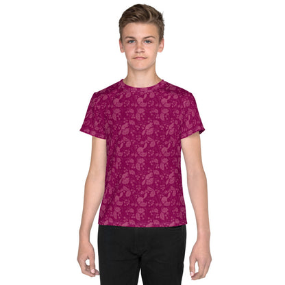 栗鼠（リス）の伝統文様をあしらった紫地の男の子Tシャツのコーデ画像（フロント）