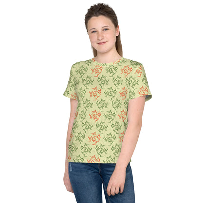龍の文様である竜紋（龍紋）を四角くデフォルメした黄色地の女の子Tシャツのコーデ画像（フロント）