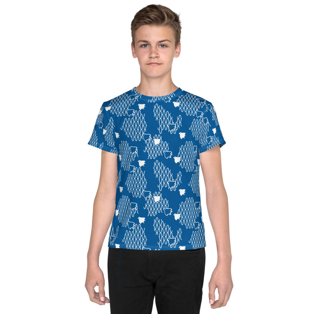 千鳥の伝統文様をあしらった青地の男の子Tシャツのコーデ画像（フロント）