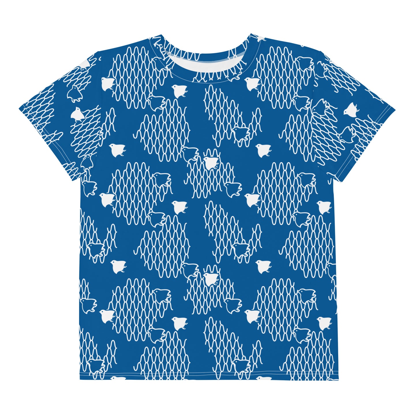 千鳥の伝統文様をあしらった青地の女の子Tシャツの前面画像