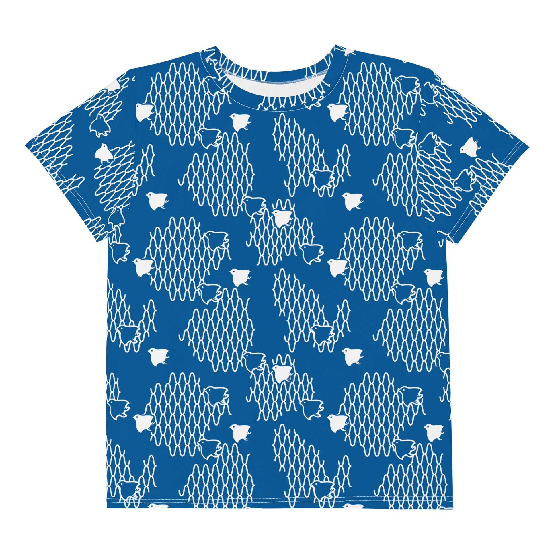 千鳥の伝統文様をあしらった青地の女の子Tシャツの前面画像