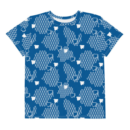 千鳥の伝統文様をあしらった青地の女の子Tシャツの前面画像