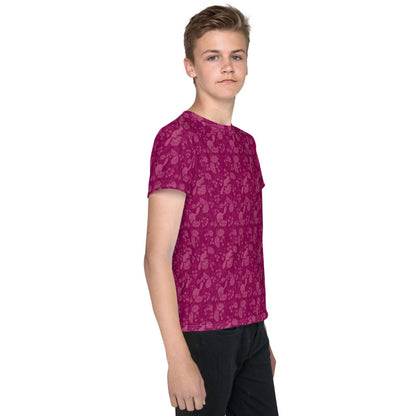 栗鼠（リス）の伝統文様をあしらった紫地の男の子Tシャツのコーデ画像（右サイド）